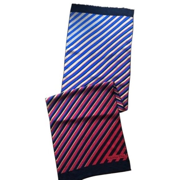 DIOR Silk Blue Gold Re Black Stripe Fringe Scarf - Picture 1 of 8